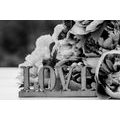 CANVAS PRINT PEONIES WITH THE INSCRIPTION LOVE IN BLACK AND WHITE - BLACK AND WHITE PICTURES - PICTURES