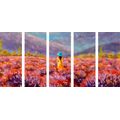 5-PIECE CANVAS PRINT GIRL IN A YELLOW DRESS IN A LAVENDER FIELD - PICTURES OF NATURE AND LANDSCAPE - PICTURES