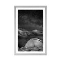 POSTER WITH MOUNT TENT UNDER THE NIGHT SKY IN BLACK AND WHITE - BLACK AND WHITE - POSTERS