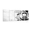5-PIECE CANVAS PRINT CUP OF COFFEE IN AN AUTUMNAL FEEL IN BLACK AND WHITE - BLACK AND WHITE PICTURES - PICTURES