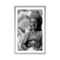 POSTER MIT PASSEPARTOUT FRIEDLICHER BUDDHA IN SCHWARZ-WEISS - SCHWARZ-WEISS - POSTER