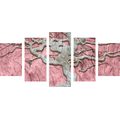5-PIECE CANVAS PRINT ABSTRACT TREE ON WOOD WITH PINK A CONTRAST - PICTURES OF TREES AND LEAVES - PICTURES