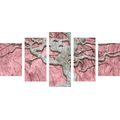 IMPRESSION SUR TOILE EN 5 PARTIES ARBRE ABSTRAIT SUR BOIS AVEC UN CONTRASTE ROSE - IMPRESSIONS SUR TOILE ARBRES ET FEUILLES - IMPRESSION SUR TOILE