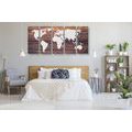 5-PIECE CANVAS PRINT WORLD MAP WITH A WOODEN BACKGROUND - PICTURES OF MAPS - PICTURES