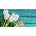 CANVAS PRINT BOUQUET OF TULIPS AND AN ENVELOPE - PICTURES FLOWERS - PICTURES