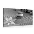 WANDBILD ZEN-GARTEN UND STEINE IM SAND IN SCHWARZ-WEISS - SCHWARZ-WEISSE BILDER - BILDER