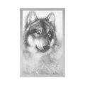 POSTER WOLF IN A SNOWY LANDSCAPE IN A BLACK AND WHITE LANDSCAPE - BLACK AND WHITE - POSTERS