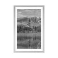 POSTER WITH MOUNT CHURCH BY LAKE BLED IN SLOVENIA IN BLACK AND WHITE - NATURE - POSTERS