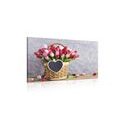 CANVAS PRINT RED TULIPS IN A WOODEN BASKET - PICTURES FLOWERS - PICTURES