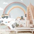 FOTOTAPETE MASCHINEN UND REGENBOGENLANDSCHAFT - KINDERTAPETEN - TAPETEN