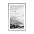 POSTER WITH MOUNT BIRDS FLYING OVER THE LANDSCAPE IN BLACK AND WHITE - BLACK AND WHITE - POSTERS