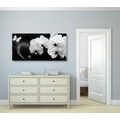 CANVAS PRINT ORCHID AND A BUTTERFLY ON AN ABSTRACT BACKGROUND - BLACK AND WHITE PICTURES - PICTURES