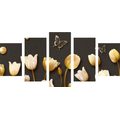 5-PIECE CANVAS PRINT TULIPS WITH A GOLD THEME - PICTURES FLOWERS - PICTURES