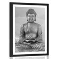 POSTER WITH MOUNT BUDDHA STATUE IN A MEDITATING POSITION IN BLACK AND WHITE - BLACK AND WHITE - POSTERS