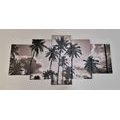 IMPRESSION SUR TOILE EN 5 PARTIES COCOTIERS SUR UNE PLAGE EN NOIR ET BLANC - IMPRESSIONS SUR TOILE NOIR ET BLANC - IMPRESSION SUR TOILE