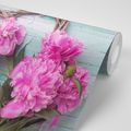 SELF ADHESIVE WALL MURAL PEONIES ON A WOODEN HEART - SELF-ADHESIVE WALLPAPERS - WALLPAPERS
