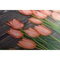 CANVAS PRINT CHARMING ORANGE TULIPS ON A WOODEN BACKGROUND - PICTURES FLOWERS - PICTURES