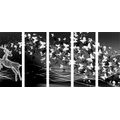 5-PIECE CANVAS PRINT BEAUTIFUL DEER WITH BUTTERFLIES IN BLACK AND WHITE - BLACK AND WHITE PICTURES - PICTURES