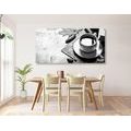 CANVAS PRINT CUP OF COFFEE IN AN AUTUMNAL FEEL IN BLACK AND WHITE - BLACK AND WHITE PICTURES - PICTURES