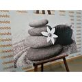 CANVAS PRINT FLOWER AND STONES IN THE SAND IN BLACK AND WHITE - BLACK AND WHITE PICTURES - PICTURES