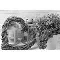 CANVAS PRINT WICKER HEART WITH LANTERNS AND LILAC IN BLACK AND WHITE - BLACK AND WHITE PICTURES - PICTURES