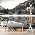 WALL MURAL BLACK AND WHITE LAKE SURROUNDED BY NATURE - BLACK AND WHITE WALLPAPERS - WALLPAPERS