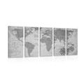 IMPRESSION SUR TOILE EN 5 PARTIES CARTE DU VIEUX MONDE AVEC UNE BOUSSOLE EN NOIR ET BLANC - CARTES D'IMPRESSIONS SUR TOILE - IMPRESSION SUR TOILE