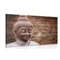 WANDBILD BUDDHA-STATUE AUF HÖLZERNEM HINTERGRUND - BILDER MIT FENG SHUI-MOTIVEN - BILDER