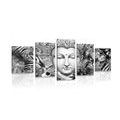 5-TEILIGES WANDBILD BUDDHA AUF EXOTISCHEM HINTERGRUND IN SCHWARZ-WEISS - SCHWARZ-WEISSE BILDER - BILDER