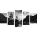 IMPRESSION SUR TOILE EN 5 PARTIES PAYSAGE AU BORD DU LAC DE MONTAGNE EN NOIR ET BLANC - IMPRESSIONS SUR TOILE NOIR ET BLANC - IMPRESSION SUR TOILE