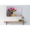 CANVAS PRINT RED TULIPS IN A WOODEN BASKET - PICTURES FLOWERS - PICTURES