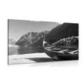 CANVAS PRINT WOODEN VIKING SHIP IN BLACK AND WHITE - BLACK AND WHITE PICTURES - PICTURES