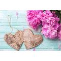 CANVAS PRINT PEONIES AND BIRCH HEARTS - VINTAGE AND RETRO PICTURES - PICTURES