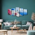 TABLEAU EN 5 PARTIES – MAISONS BLANCHES DE SANTORIN AU BORD DE LA MER - TABLEAUX DE LA MER ET DE LA PLAGE - TABLEAUX