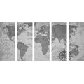 5-PIECE CANVAS PRINT OLD WORLD MAP WITH A COMPASS IN BLACK AND WHITE - PICTURES OF MAPS - PICTURES