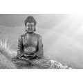 WANDBILD BUDDHA-STATUE IN MEDITIERENDER POSITION IN SCHWARZ-WEISS - SCHWARZ-WEISSE BILDER - BILDER