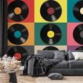 FOTOTAPETE RETRO-VINYLPLATTEN AUF BUNTEM HINTERGRUND - MUSIK FOTOTAPETEN - TAPETEN