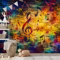 TAPETE BUNTE MUSIKNOTEN AUF HOLZ - MUSIK FOTOTAPETEN - TAPETEN