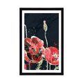 AFFICHE AVEC MONTURE COQUELICOTS ROUGES SUR FOND NOIR - FLEURS - AFFICHES