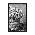 AFFICHE FLEURS D'OEILLETS DANS UN POT EN MOSAÏQUE EN NOIR ET BLANC - NOIR ET BLANC - AFFICHES