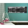 CANVAS PRINT BEAUTIFUL PANORAMA OF THE MOUNTAINS BY THE LAKE IN BLACK AND WHITE - BLACK AND WHITE PICTURES - PICTURES