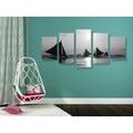 TABLEAU EN 5 PARTIES – MAGNIFIQUE COUCHER DE SOLEIL SUR LA MER EN NOIR ET BLANC - TABLEAUX EN NOIR ET BLANC - TABLEAUX