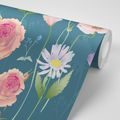 SELF ADHESIVE WALLPAPER ROMANTIC FLOWERS ON A BLUE BACKGROUND - SELF-ADHESIVE WALLPAPERS - WALLPAPERS