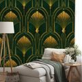 ZELFKLEVEND FOTOBEHANG GOUDEN ART-DECO WAAIERS OP GROEN - FOTOBEHANG MET PATRONEN - FOTOBEHANG