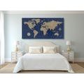 DECORATIVE PINBOARD WORLD MAP WITH A COMPASS IN RETRO STYLE ON A BLUE BACKGROUND - PICTURES ON CORK - PICTURES