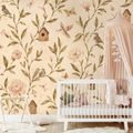 ZELFKLEVEND FOTOBEHANG VINTAGE BLOEMEN MET VOGELTJES EN VOGELHUISJES - FOTOBEHANG VOGELS - FOTOBEHANG
