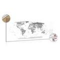 DECORATIVE PINBOARD DETAILED MAP OF THE WORLD IN BLACK AND WHITE - PICTURES ON CORK - PICTURES