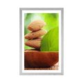 POSTER MIT PASSEPARTOUT ZEN-STEINE UND EIN BLATT IN DER SCHALE - FENG SHUI - POSTER