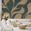 ZELFKLEVEND FOTOBEHANG ABSTRACTE BEIGE BLADEREN IN GROEN - FOTOBEHANG ABSTRACT - FOTOBEHANG