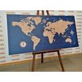 DECORATIVE PINBOARD WORLD MAP WITH A COMPASS IN RETRO STYLE ON A BLUE BACKGROUND - PICTURES ON CORK - PICTURES